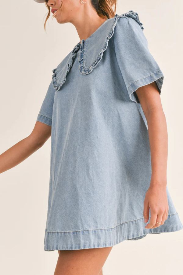 Solid Color Loose Short-sleeved Casual Ruffled Denim Mini Dress | Consonak