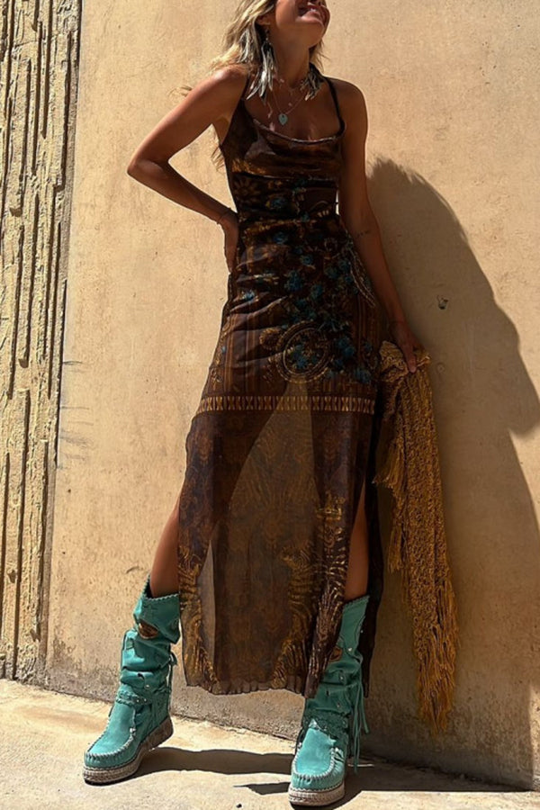 Gypsy Style Unique Print Cowl Neck Back Lace-up Slit Midi Dress-consonak