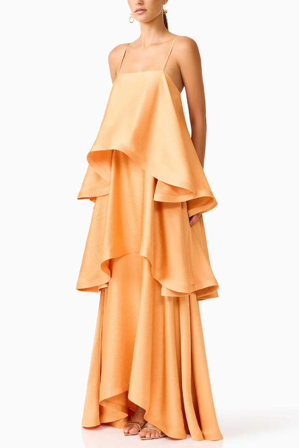 Soft and Smooth Satin Tiered Slip Square Neck A-line Maxi Dress