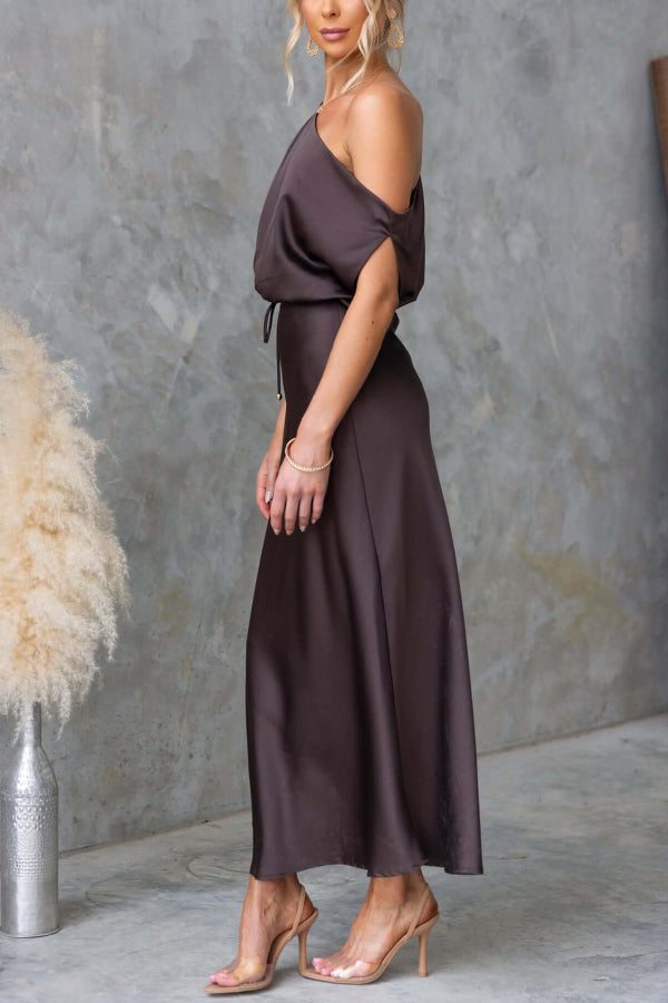 Solid Color One-shoulder Sleeveless Belted Casual Maxi Dress-consonak