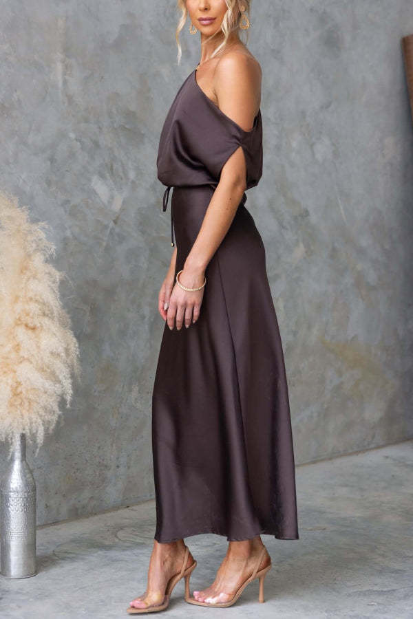 Solid Color One-shoulder Sleeveless Belted Casual Maxi Dress