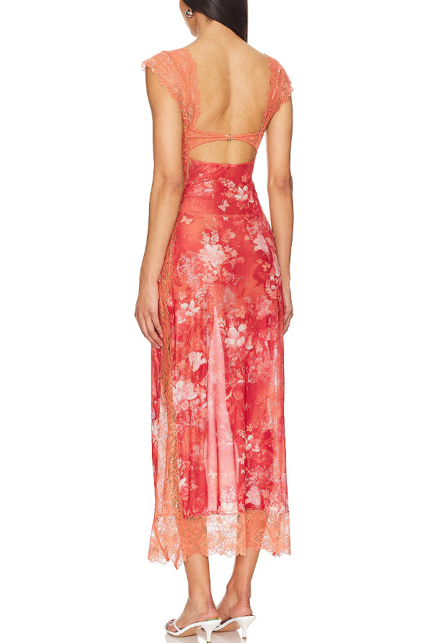 Floral Print Lace Patchwork Hollow-out Slim-fit Midi Dress-consonak