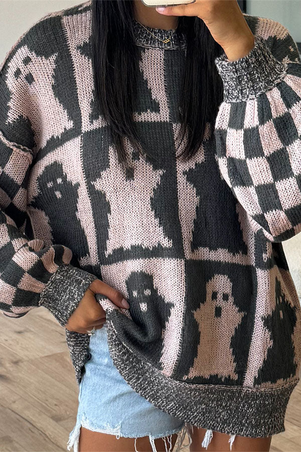 Halloween Ghost & Checkerboard Oversized Knit Sweater-Consonak