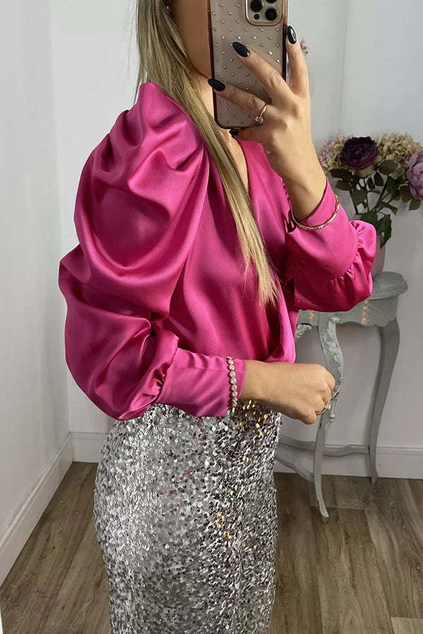 Perfectly Adored Satin Crossover Neckline Puff Sleeve Blouse-consonak