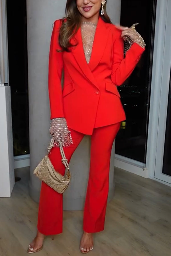 Luxe Lifestyle Single Button Lapel Blazer and Elastic Waist Pocketed Straight Suit Pants Set-Consonak