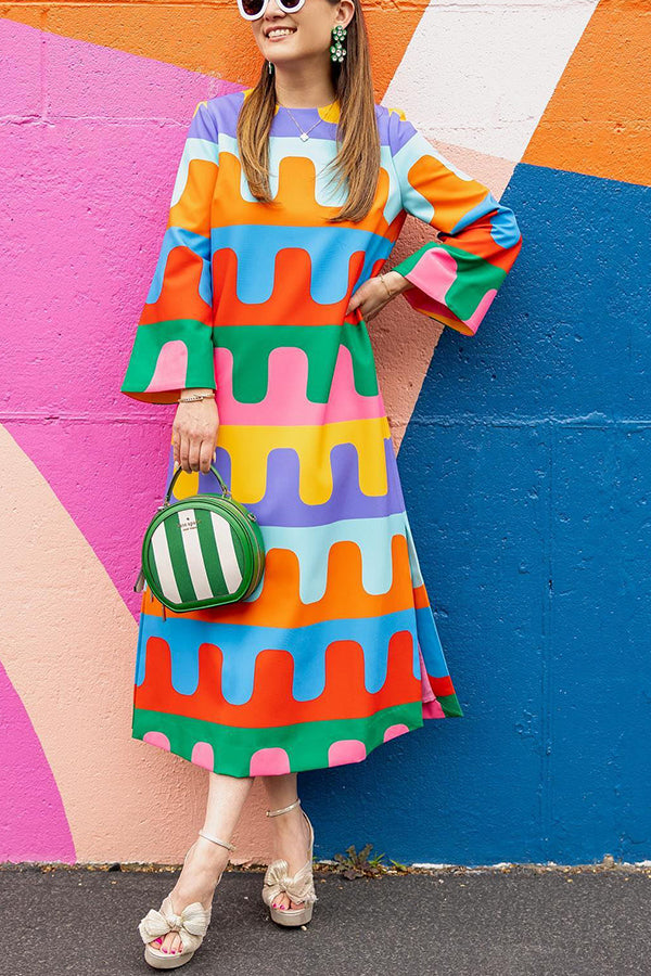 Bright Day Colorful Ripple Print Side Slit Midi Dress-consonak