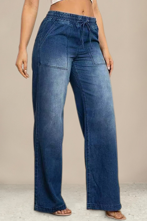 Stylish Elastic Waist Drawstring Pocket Casual Straight Wide-leg Jeans