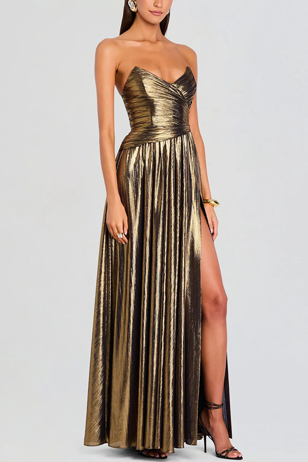 Goddess Temperament Metallic Pleated Fabric Off Shoulder Slit Maxi Dress-consonak