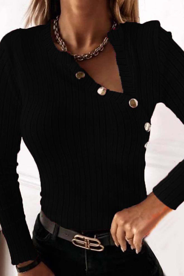 Fashionable Long-sleeved V-neck Metal Button Slim Fit Top-consonak