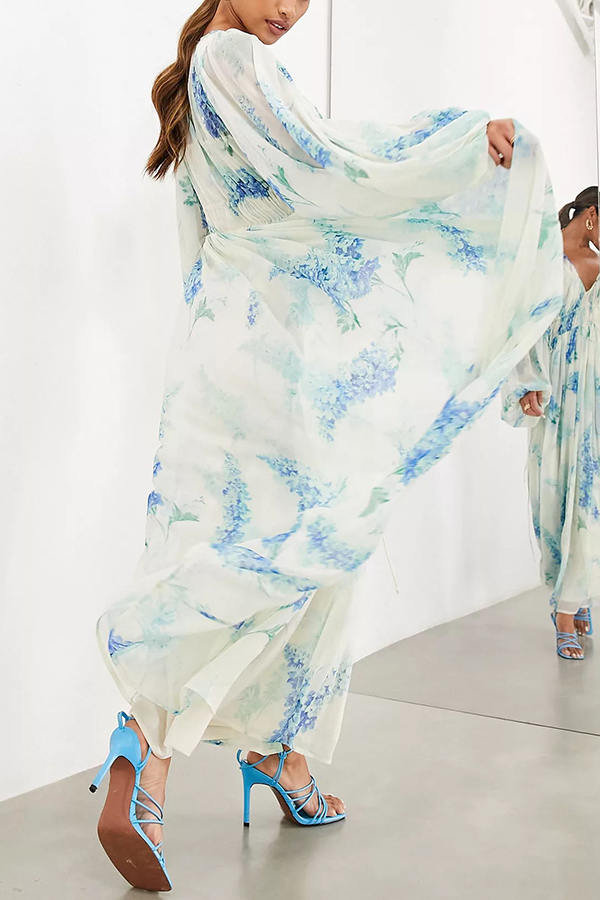 Headed To The Ocean Chiffon Floral Drawstring Waist Maxi Dresses-consonak