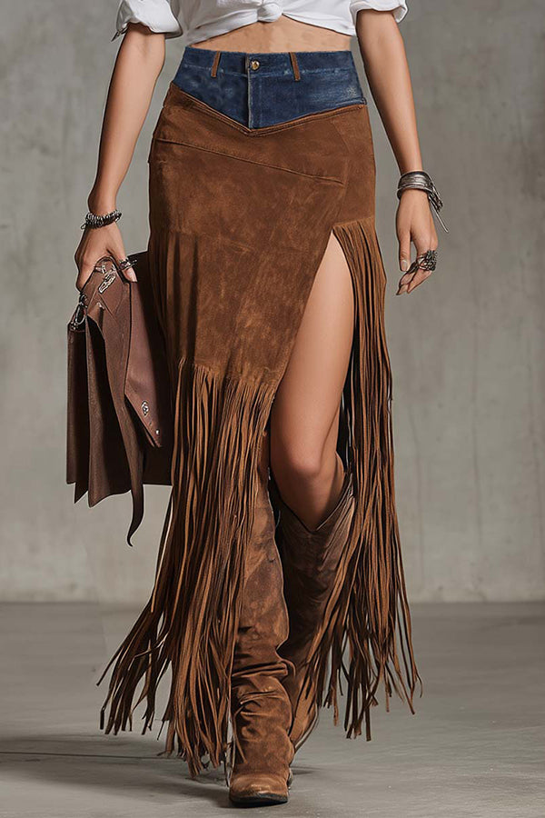 Fashionable Denim Suede Patchwork Spliced slit Fringed Hem Extra-long Midi Skirt-consonak