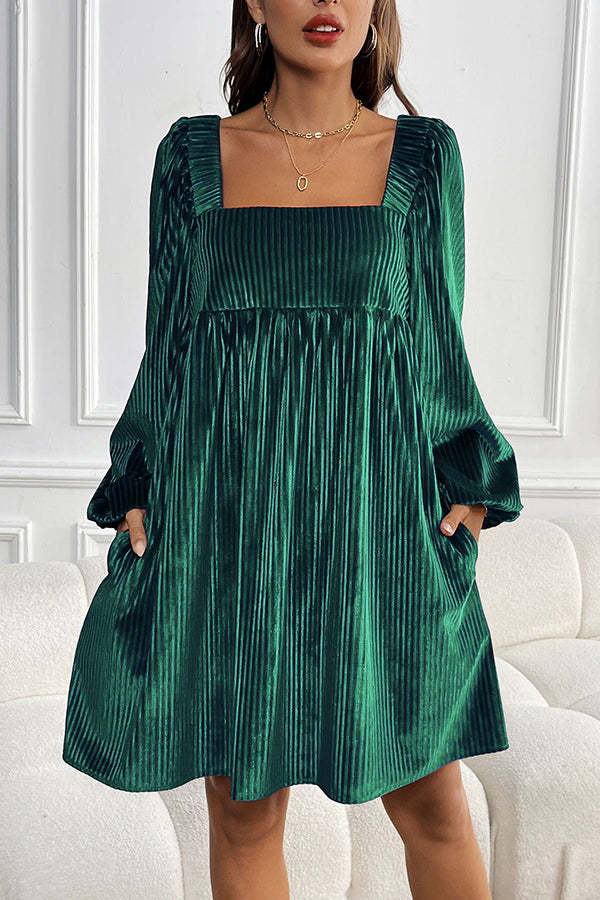Solid Color Velvet Square Neck Long Sleeve Pocket Casual Mini Dress-consonak