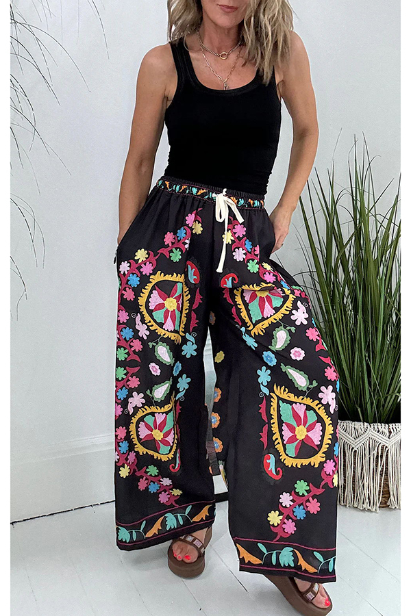 Hippie Style Unique Floral Denim Print Elastic Waist Pocketed Wide Leg Pants-consonak