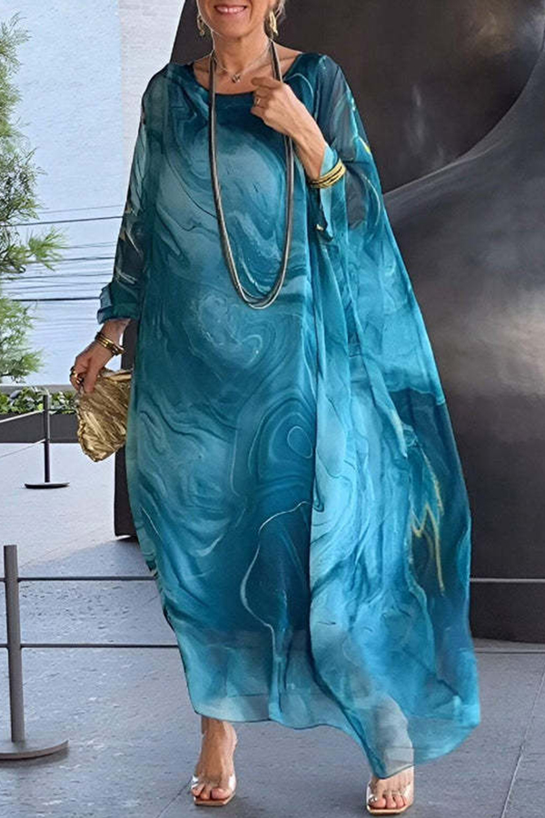 Unique Printed Crew Neck Loose Resort Style Maxi Dress-consonak