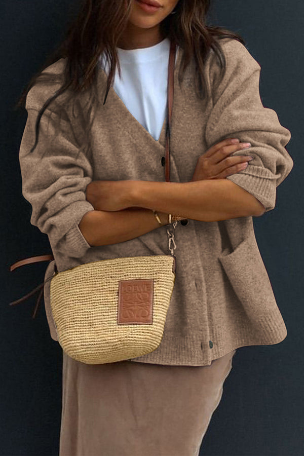 Solid Color V-Neck Button Casual Pocket Knit Cardigan-consonak