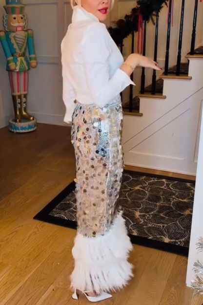 Playful Sparkling Large Sequin Faux Fur Tassel Hem Elastic Waist Maxi Skirt-consonak