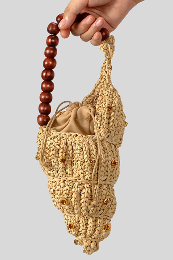 Seashell-shaped Wooden Beaded Zircon-embellished Straw Bag