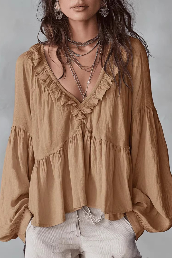 Solid Color V-neck Ruffled Puff Sleeve Loose Casual Top | Consonak