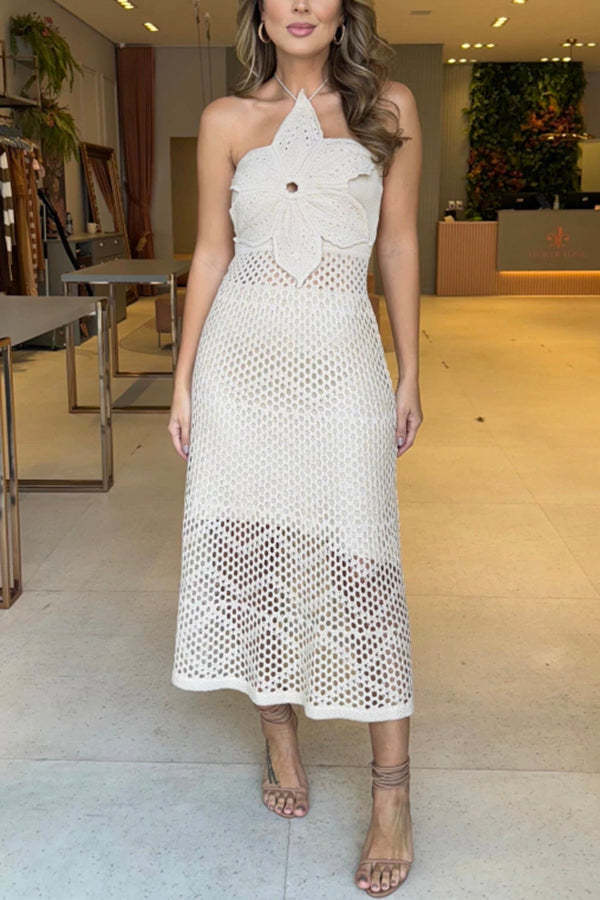 Libby Crochet Knit Oversized Flower Design Halter Texture Maxi Dress-consonak