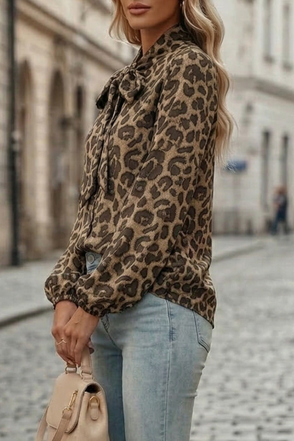 Leopard Print Bow Collar Long-sleeved Loose Shirt-consonak