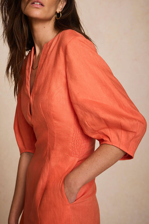 Verrah Linen Blend Key-hole Detail Neck Puff Half Sleeve Pocket Midi Dress