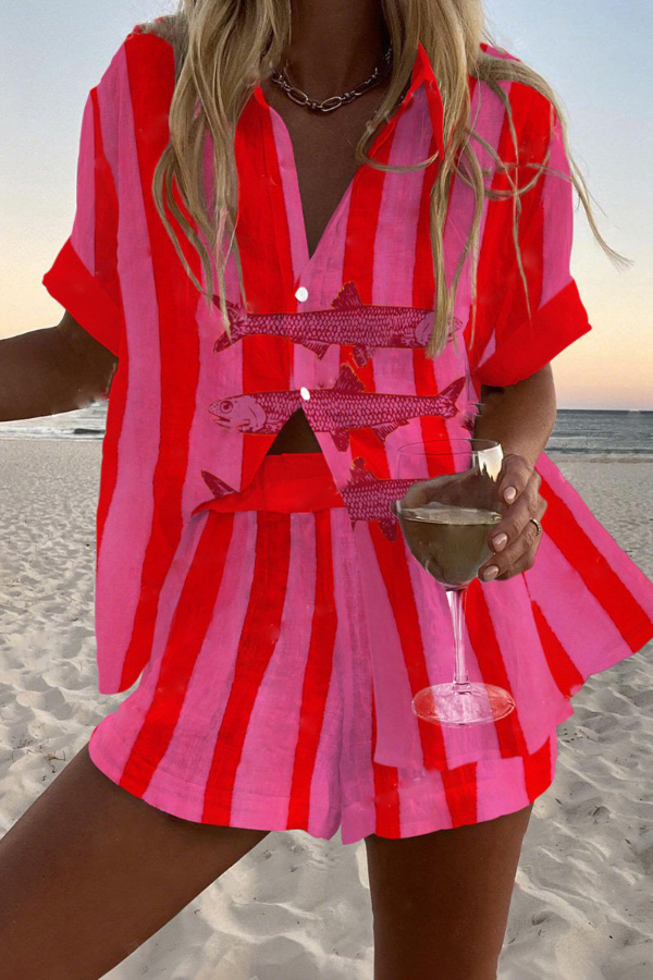 Fish Stripe Print Loose Button Elastic Waist Shorts Set | Consonak