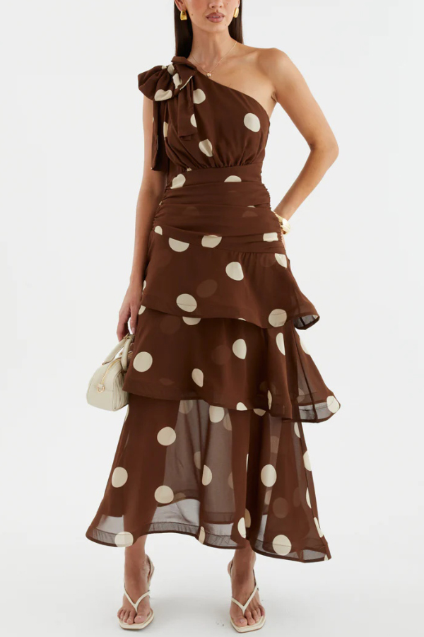 Fashionable Polka Dot Print One-shoulder Sleeveless Layered Mesh Maxi Dress | Consonak