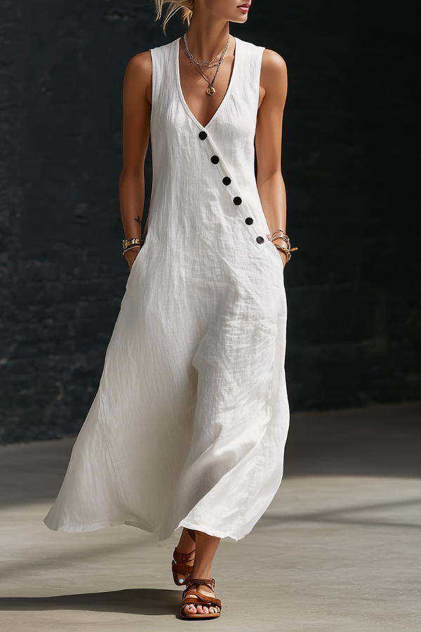 Linen Blend Solid Color V-neck Sleeveless Button-down Casual Pocket Midi Dress | Consonak