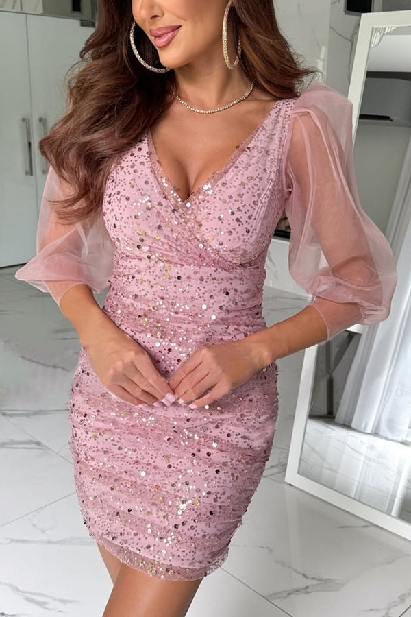 Lost in Your Eyes Mesh Sequin Balloon Sleeve Ruched Stretch Party Mini Dress-consonak