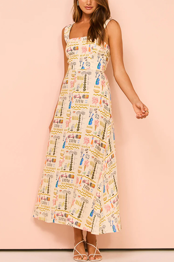 Country Cutie Unique Print Square Neck Wide Strap Maxi Dress-consonak