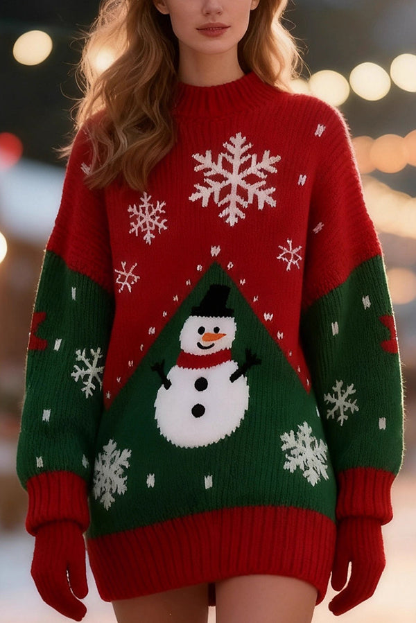 Christmas Snowman Pattern Loose Round Neck Long-sleeved Knit Sweater-consonak