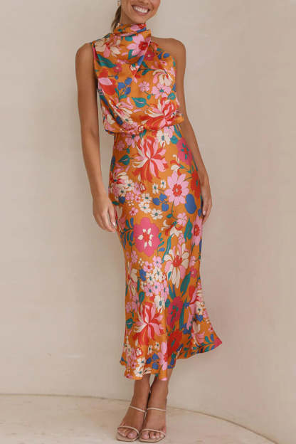 Fascinating Day Floral Halter Neck Elastic Waist Maxi Dress-consonak