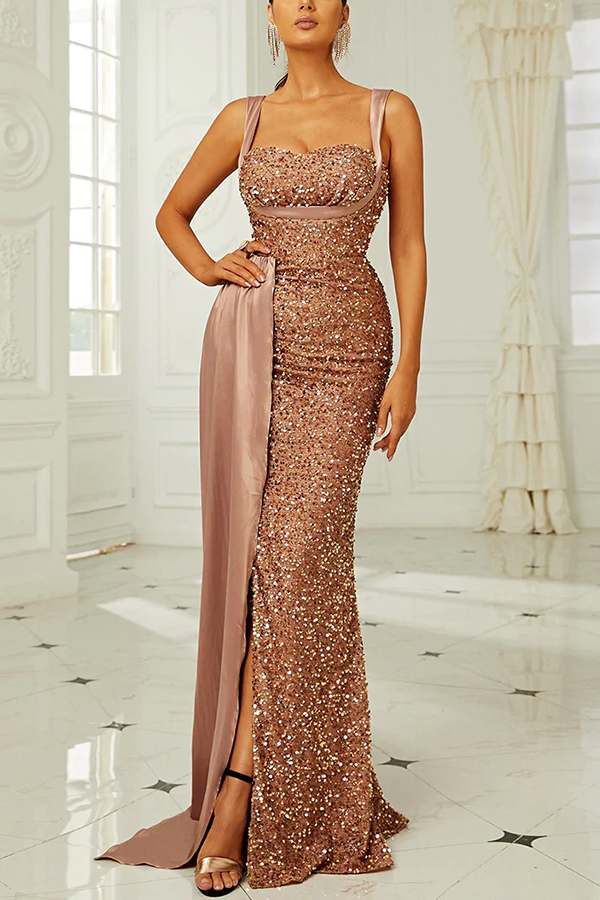 Banquet Sequined Backless Strappy Fishtail Maxi Dress-consonak