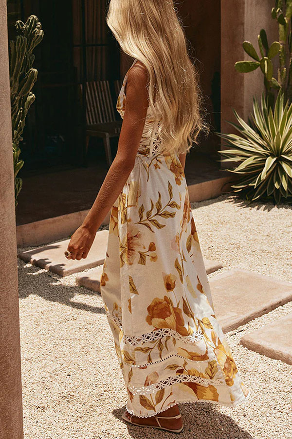 Clover Linen Blend Floral Print Cutout Trim Button Up Side Lace-up Maxi Dress-consonak