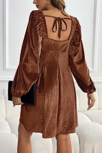 Solid Color Velvet Square Neck Long Sleeve Pocket Casual Mini Dress-consonak