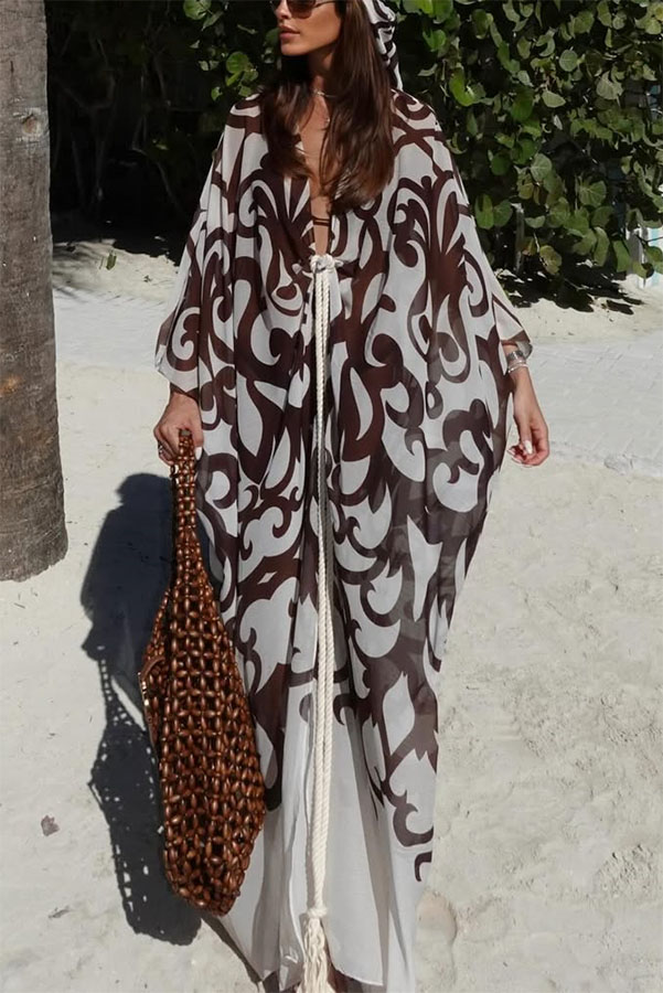 Summer Day Unique Print Rope Knotted Batwing Sleeve Oversized Cover-up Dress