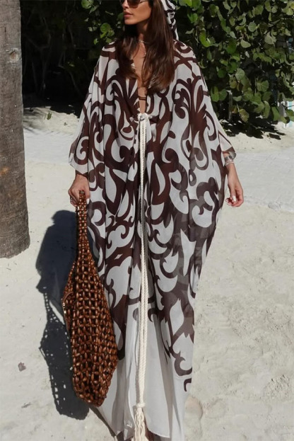 Summer Day Unique Print Rope Knotted Batwing Sleeve Oversized Cover-up Dress