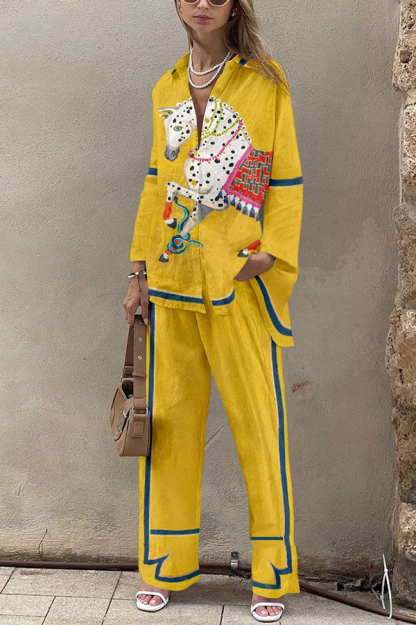 Horse Print Oversized Long Sleeved Shirt and Elastic Waist Pocket Pants Set-consonak