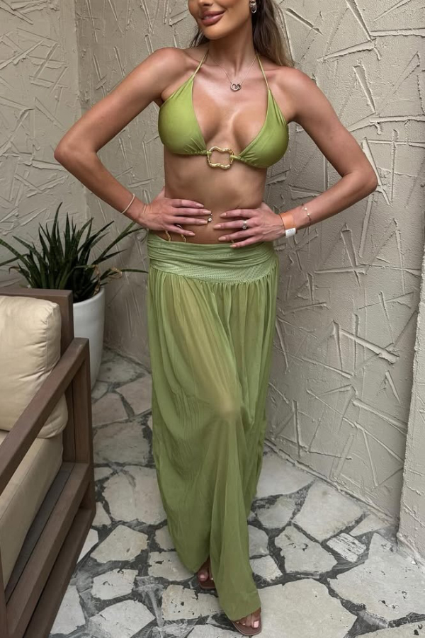 Stylish Halter Neck Tie Stretch Bikini Swimsuit and Tulle Pleated Maxi Skirt Three-piece Set