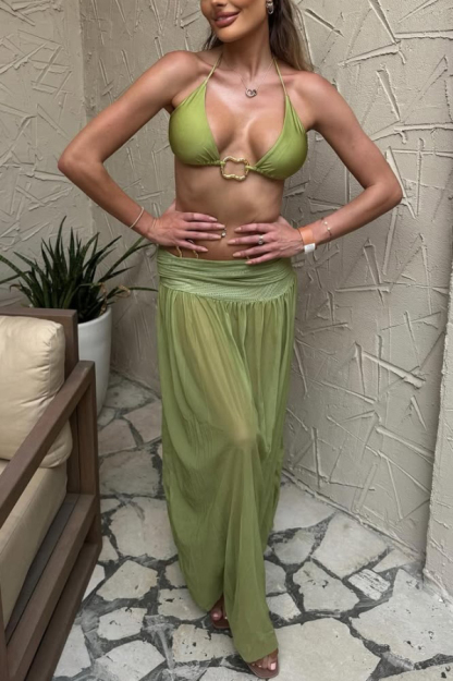 Stylish Halter Neck Tie Stretch Bikini Swimsuit and Tulle Pleated Maxi Skirt Three-piece Set