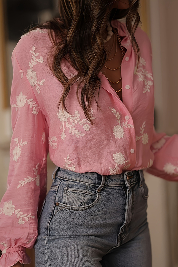 Floral Embroidery Long-Sleeved Button-Up Elegant Shirt-consonak