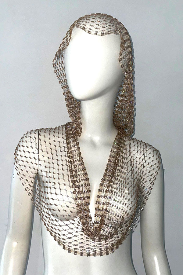 Fashion Fishnet Rhinestone Hooded Vest-consonak