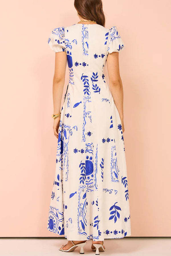 Embrace The Glamour Linen Blend Unique Print Puff Sleeve Pocketed Maxi Dress-consonak