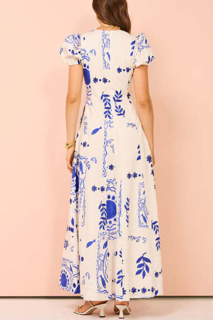 Embrace The Glamour Linen Blend Unique Print Puff Sleeve Pocketed Maxi Dress-consonak