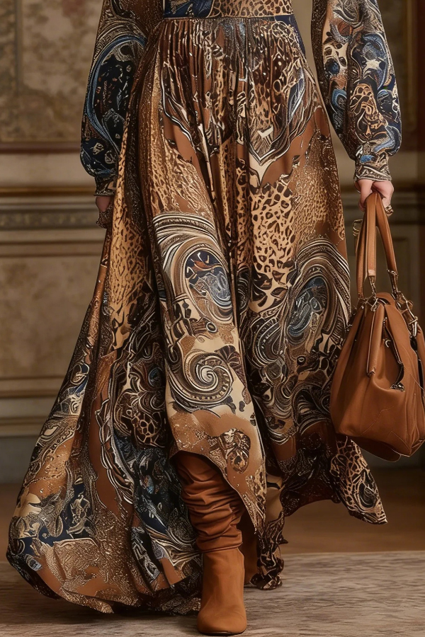 Bohemian Style Unique Printed Long-sleeved Fitted Waist Vacation Maxi Dress