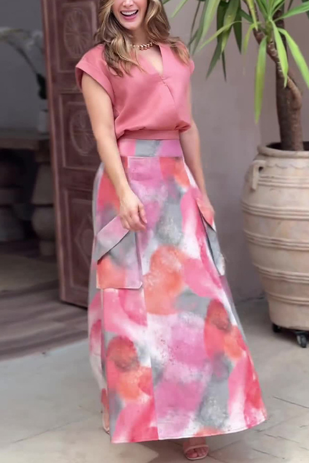 Laylin Wide Sleeve Shirt and Watercolor Print High Waist Drape Pocket Maxi Skirt Set-consonak