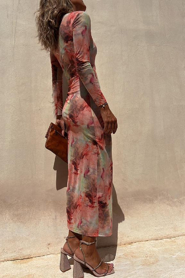 Charm Lady Mesh Overlay Tie Dye Print Long Sleeve Ruched Stretch Midi Dress | Consonak