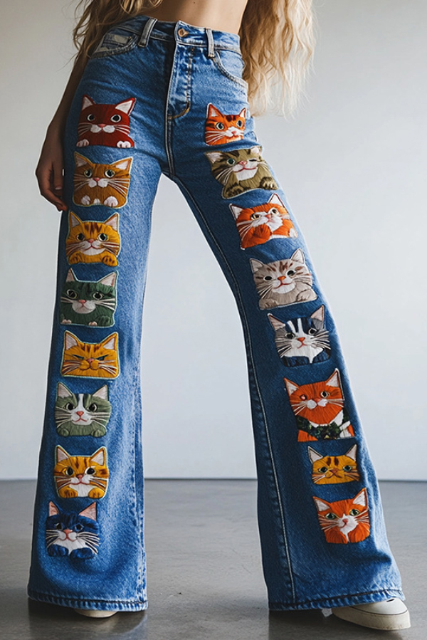 Unique Printed High-waisted Pocket Casual Flared Jeans | Consonak