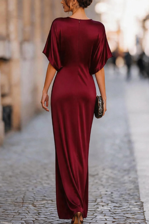 Solid Color Round Neck Short-sleeved Elegant Draped Maxi Dress | Consonak