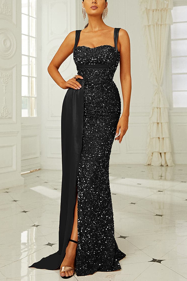 Banquet Sequined Backless Strappy Fishtail Maxi Dress-consonak